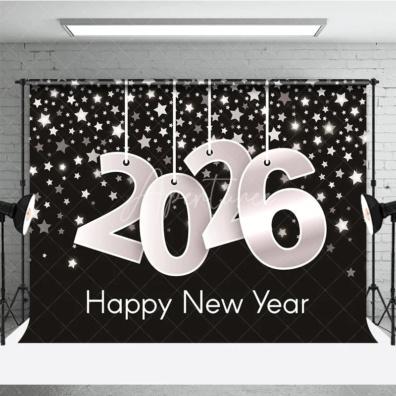 Aperturee - Aperturee Happy New Year 2026 Backdrop with Hanging Silver Numbers Black Background with Stars Modern NYE Party Decor