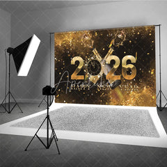 Aperturee - Aperturee Happy New Year 2026 Backdrop with Popping Champagne Clock and Gold Confetti Black and Gold NYE Party Decor
