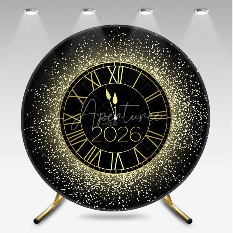 Aperturee - Aperturee Happy New Year 2026 Midnight Clock Round Backdrop Black and Gold Glitter Countdown Elegant NYE Party Decor