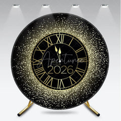 Aperturee - Aperturee Happy New Year 2026 Midnight Clock Round Backdrop Black and Gold Glitter Countdown Elegant NYE Party Decor