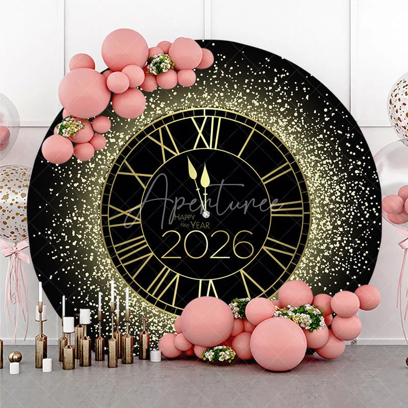 Aperturee - Aperturee Happy New Year 2026 Midnight Clock Round Backdrop Black and Gold Glitter Countdown Elegant NYE Party Decor