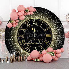 Aperturee - Aperturee Happy New Year 2026 Midnight Clock Round Backdrop Black and Gold Glitter Countdown Elegant NYE Party Decor