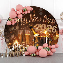 Aperturee - Aperturee Happy New Year 2026 Round Backdrop with Champagne and Sparklers Rustic Winter Holiday NYE Party Photo Booth