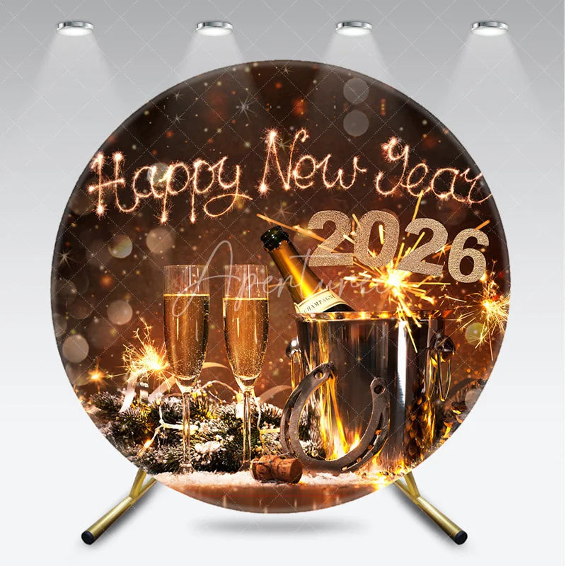 Aperturee - Aperturee Happy New Year 2026 Round Backdrop with Champagne and Sparklers Rustic Winter Holiday NYE Party Photo Booth