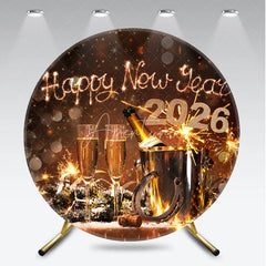 Aperturee - Aperturee Happy New Year 2026 Round Backdrop with Champagne and Sparklers Rustic Winter Holiday NYE Party Photo Booth