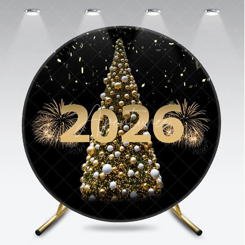 Aperturee - Aperturee Happy New Year 2026 Round Backdrop with Golden Christmas Tree Fireworks and Confetti Elegant NYE Party Decor