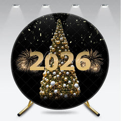 Aperturee - Aperturee Happy New Year 2026 Round Backdrop with Golden Christmas Tree Fireworks and Confetti Elegant NYE Party Decor