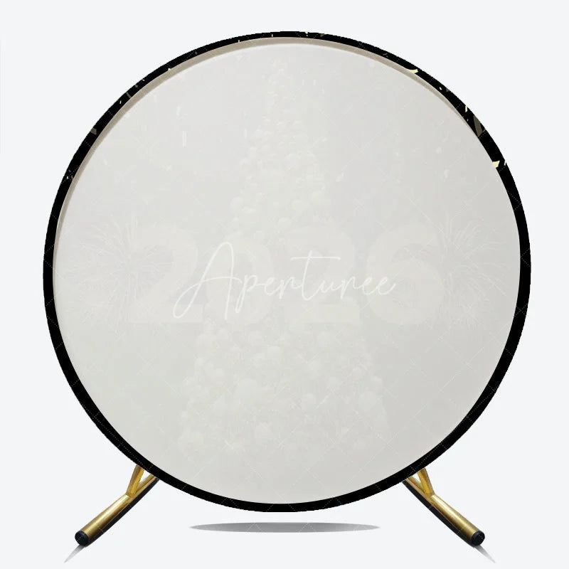 Aperturee - Aperturee Happy New Year 2026 Round Backdrop with Golden Christmas Tree Fireworks and Confetti Elegant NYE Party Decor