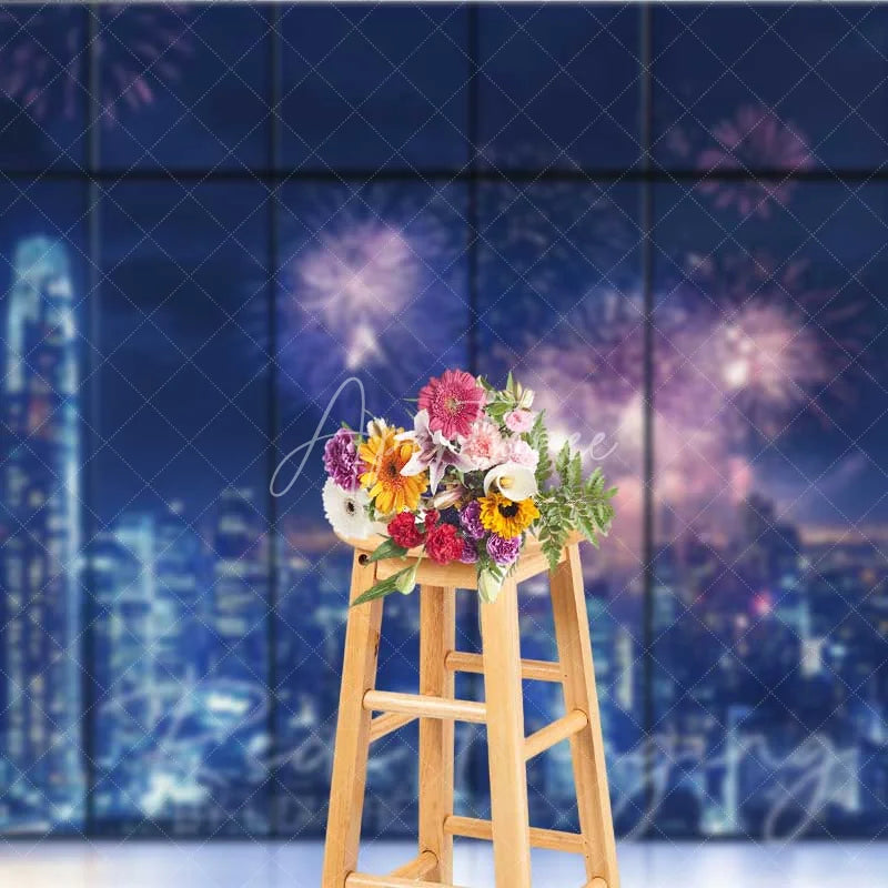 Aperturee - Aperturee Happy New Year City Skyline Photography Backdrop Night Fireworks Window View Photo Background Celebration Party Prop