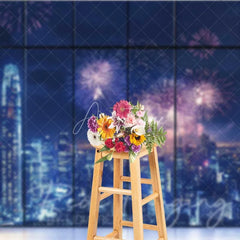 Aperturee - Aperturee Happy New Year City Skyline Photography Backdrop Night Fireworks Window View Photo Background Celebration Party Prop