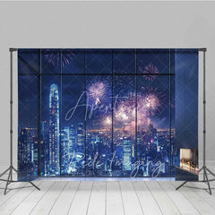 Aperturee - Aperturee Happy New Year City Skyline Photography Backdrop Night Fireworks Window View Photo Background Celebration Party Prop