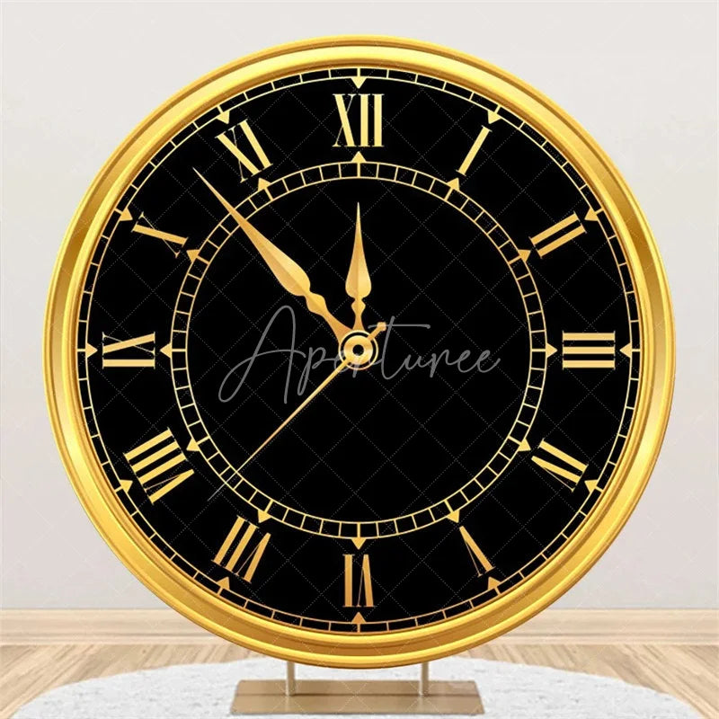 Aperturee - Aperturee Happy New Year Clock Round Backdrop Black Gold Countdown Dial Background for Party