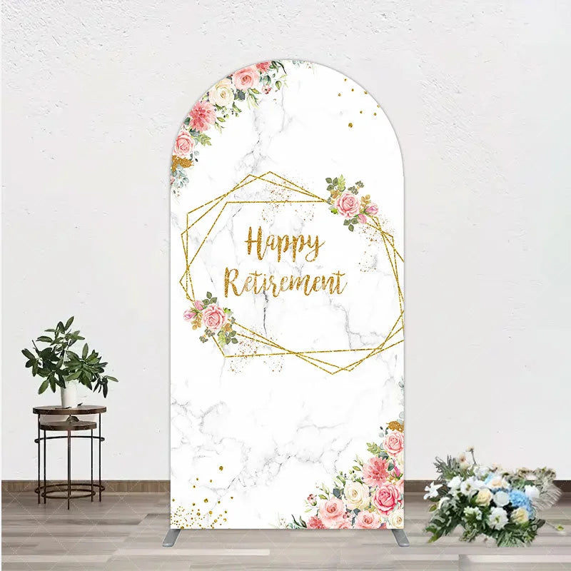 Aperturee - Aperturee Happy Retirement Arch Backdrop with Pink Floral and Gold Frame Elegant Marble Party Photo Booth Decor for Women