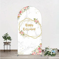 Aperturee - Aperturee Happy Retirement Arch Backdrop with Pink Floral and Gold Frame Elegant Marble Party Photo Booth Decor for Women