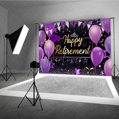 Aperturee - Aperturee Happy Retirement Backdrop for Women Purple and Black with Balloons and Glitter Elegant Farewell Party Decor