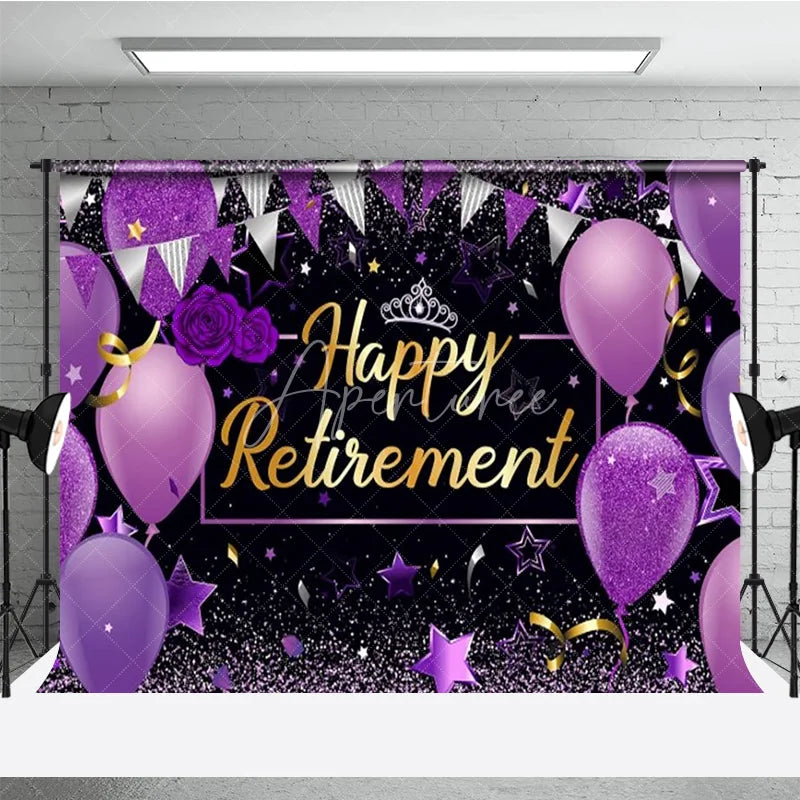 Aperturee - Aperturee Happy Retirement Backdrop for Women Purple and Black with Balloons and Glitter Elegant Farewell Party Decor