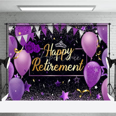Aperturee - Aperturee Happy Retirement Backdrop for Women Purple and Black with Balloons and Glitter Elegant Farewell Party Decor