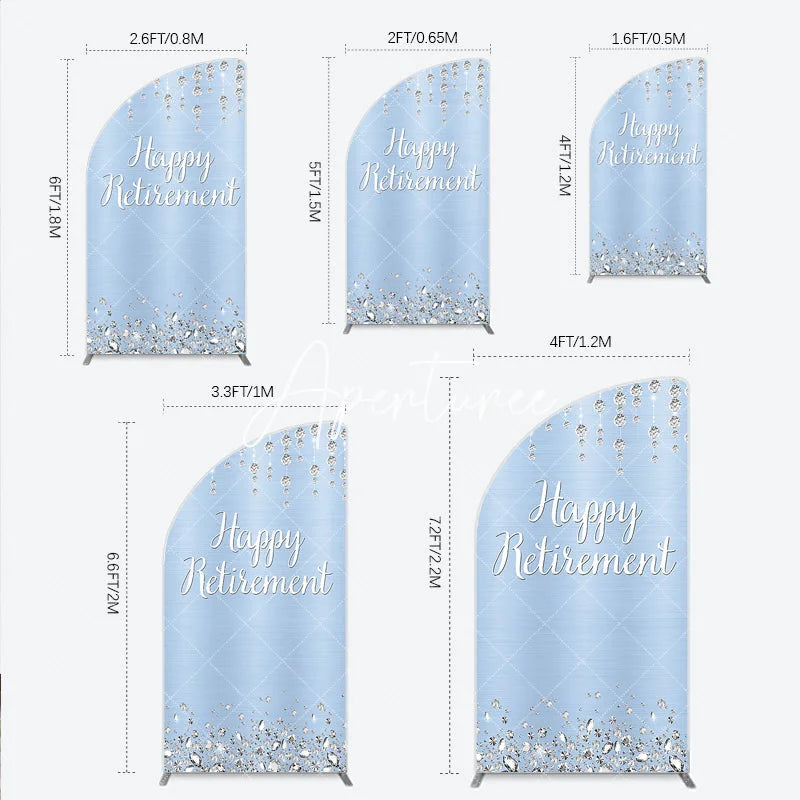 Aperturee - Aperturee Happy Retirement Half Moon Arch Backdrop Light Blue Silver Diamond Glitter Elegant Party Decor