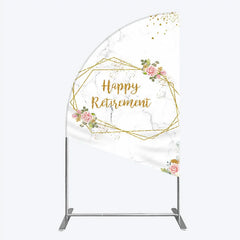Aperturee - Aperturee Happy Retirement Half Moon Arch Backdrop with Pink Floral and Gold Frame Elegant Marble Party Photo Booth Decor