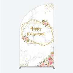 Aperturee - Aperturee Happy Retirement Half Moon Arch Backdrop with Pink Floral and Gold Frame Elegant Marble Party Photo Booth Decor