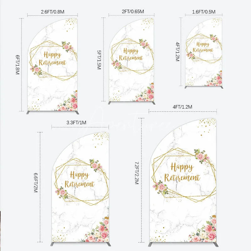 Aperturee - Aperturee Happy Retirement Half Moon Arch Backdrop with Pink Floral and Gold Frame Elegant Marble Party Photo Booth Decor
