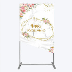 Aperturee - Aperturee Happy Retirement Rectangle Backdrop with Pink Floral and Gold Frame Elegant Marble Party Photo Booth Decor for Women