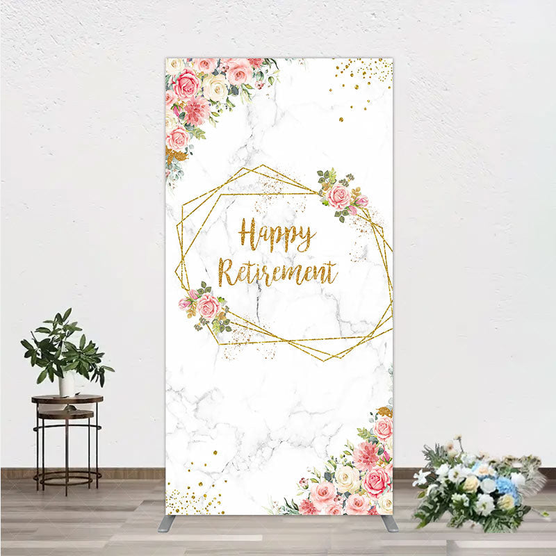 Aperturee - Aperturee Happy Retirement Rectangle Backdrop with Pink Floral and Gold Frame Elegant Marble Party Photo Booth Decor for Women
