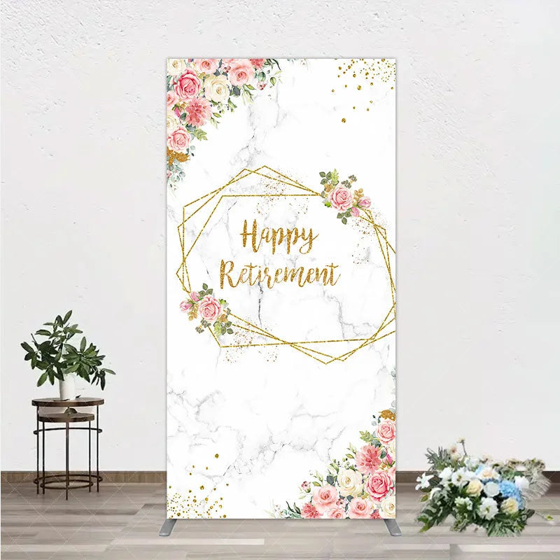 Aperturee - Aperturee Happy Retirement Rectangle Backdrop with Pink Floral and Gold Frame Elegant Marble Party Photo Booth Decor for Women