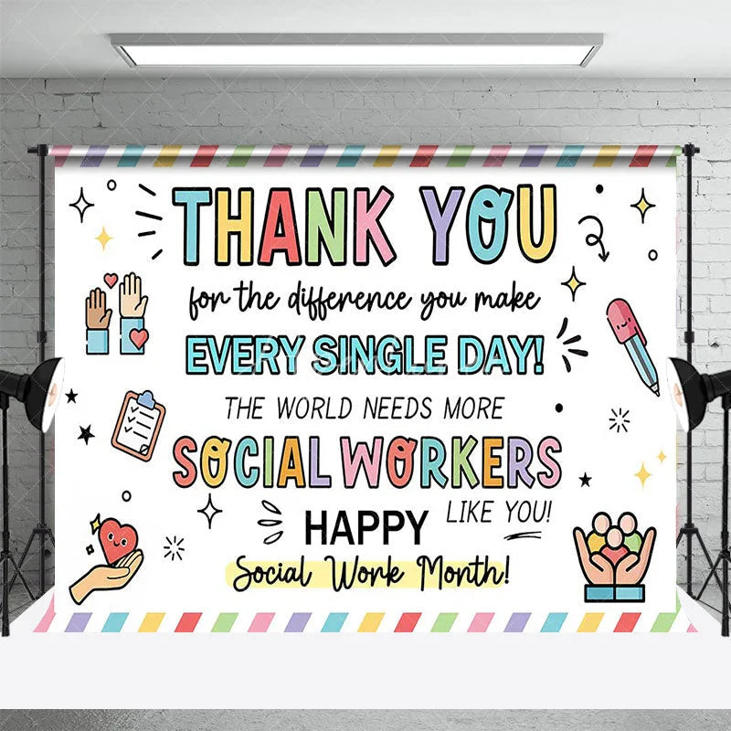 Aperturee - Aperturee Happy Social Work Month Backdrop Thank You Social Workers Appreciation Background Doodle Office Party Decoration