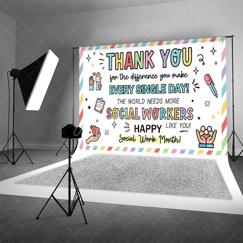 Aperturee - Aperturee Happy Social Work Month Backdrop Thank You Social Workers Appreciation Background Doodle Office Party Decoration