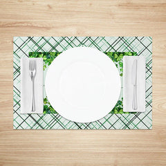 Aperturee - Aperturee Happy St. Patricks Day Plaid Set of 4 Placemats Clover Border and Green Tartan Dining Table Mats