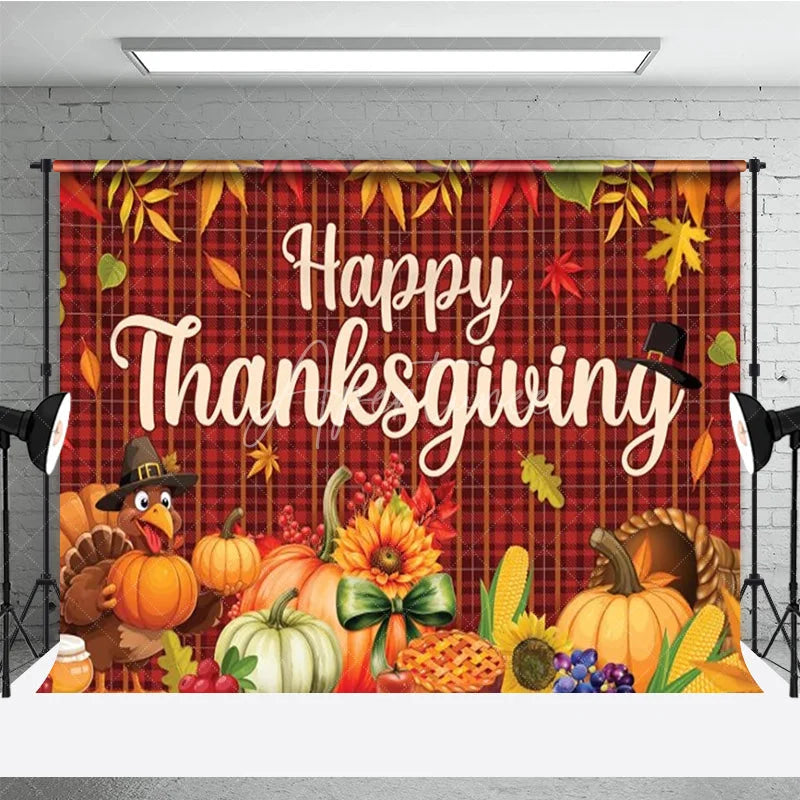 Aperturee - Aperturee Happy Thanksgiving Backdrop Autumn Fall Leaves Turkey Pumpkin Banner Red Plaid Harvest Party Photo Booth Props