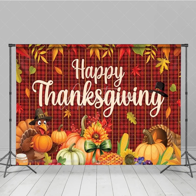 Aperturee - Aperturee Happy Thanksgiving Backdrop Autumn Fall Leaves Turkey Pumpkin Banner Red Plaid Harvest Party Photo Booth Props
