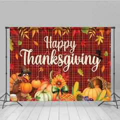 Aperturee - Aperturee Happy Thanksgiving Backdrop Autumn Fall Leaves Turkey Pumpkin Banner Red Plaid Harvest Party Photo Booth Props