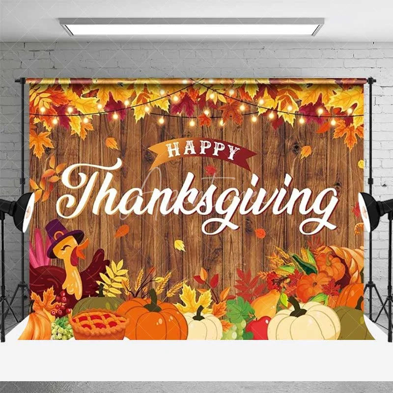 Aperturee - Aperturee Happy Thanksgiving Backdrop Rustic Wood Turkey Pumpkin Pie Photography Background