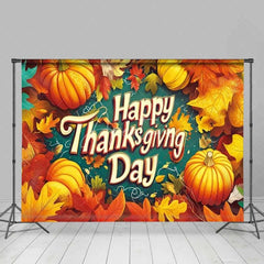 Aperturee - Aperturee Happy Thanksgiving Day Backdrop Autumn Pumpkin Maple Leaves Photography Background