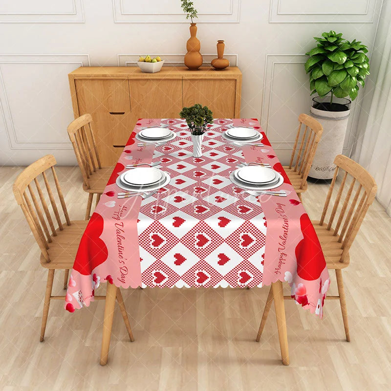 Aperturee - Aperturee Happy Valentine Day Gingham Rectangle Tablecloth Pink Red Heart Check Table Cover Festive Holiday Party Decor