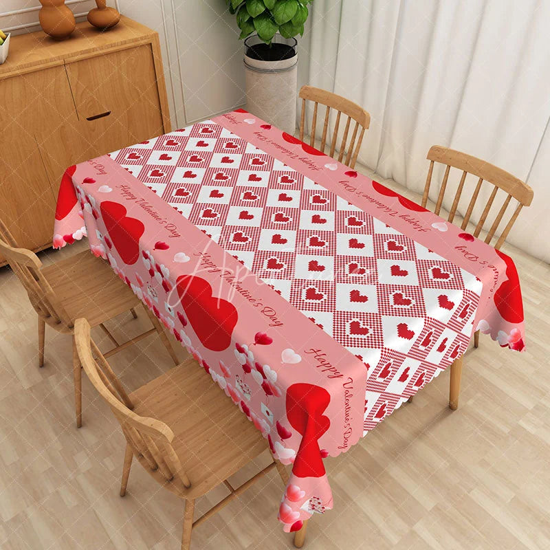 Aperturee - Aperturee Happy Valentine Day Gingham Rectangle Tablecloth Pink Red Heart Check Table Cover Festive Holiday Party Decor