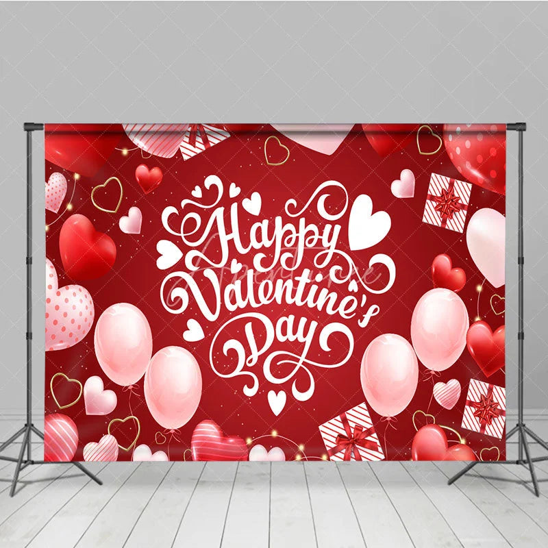 Aperturee - Aperturee Happy Valentines Day Backdrop Red Balloons Gift Box White Typography Background Romantic Love Party Photo Studio Prop