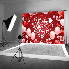 Aperturee - Aperturee Happy Valentines Day Backdrop Red Balloons Gift Box White Typography Background Romantic Love Party Photo Studio Prop