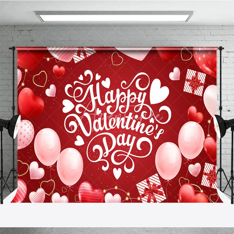 Aperturee - Aperturee Happy Valentines Day Backdrop Red Balloons Gift Box White Typography Background Romantic Love Party Photo Studio Prop