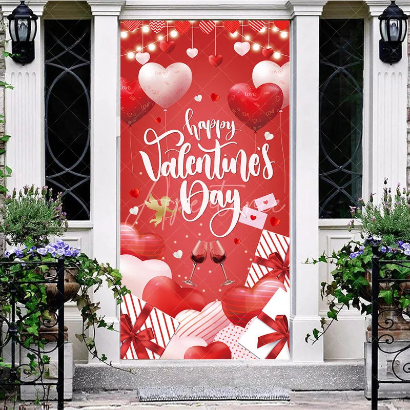 Aperturee - Aperturee Happy Valentine’s Day Door Cover Red Heart Balloon Wine Glass Banner Romantic Front Door Decoration