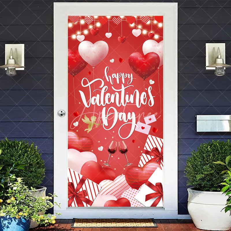 Aperturee - Aperturee Happy Valentine’s Day Door Cover Red Heart Balloon Wine Glass Banner Romantic Front Door Decoration