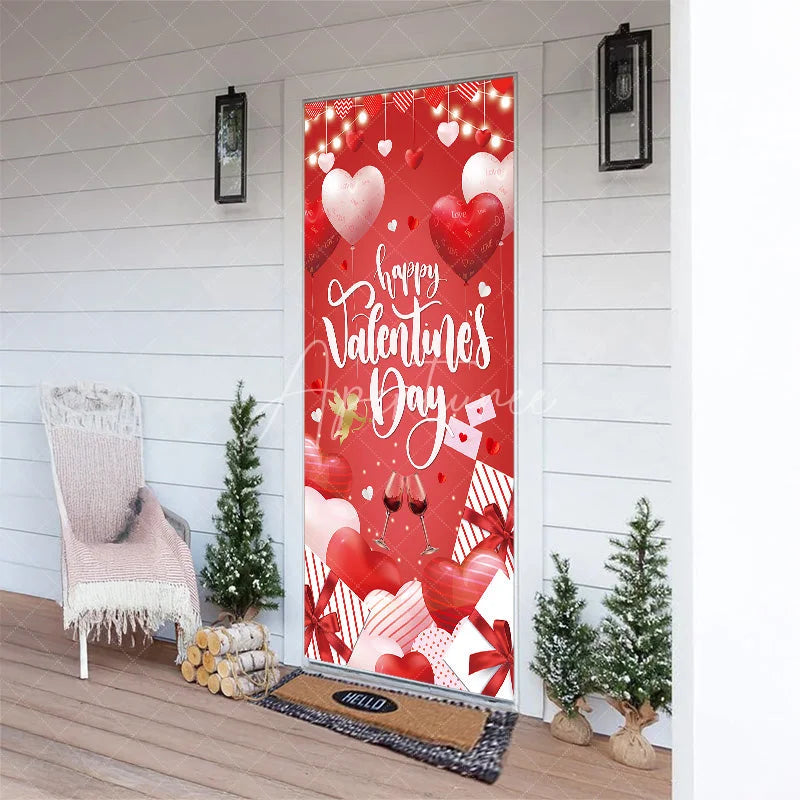 Aperturee - Aperturee Happy Valentine’s Day Door Cover Red Heart Balloon Wine Glass Banner Romantic Front Door Decoration