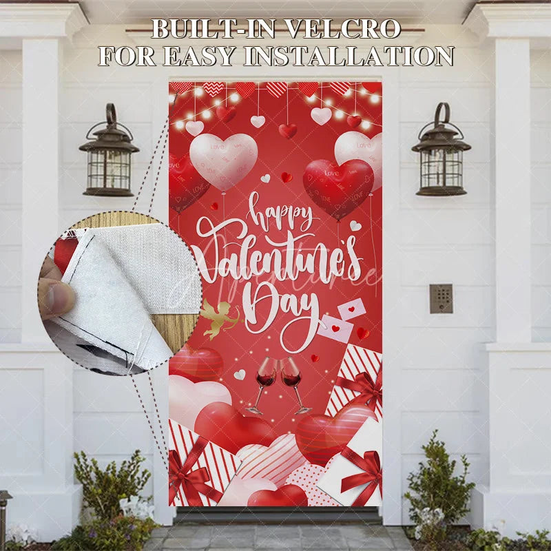 Aperturee - Aperturee Happy Valentine’s Day Door Cover Red Heart Balloon Wine Glass Banner Romantic Front Door Decoration