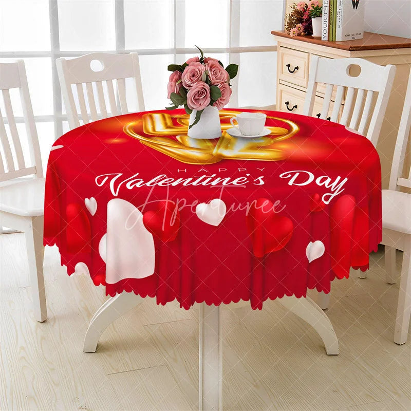 Aperturee - Aperturee Happy Valentines Day Gold Love Round Tablecloth 3D Heart Red Table Cover for Party
