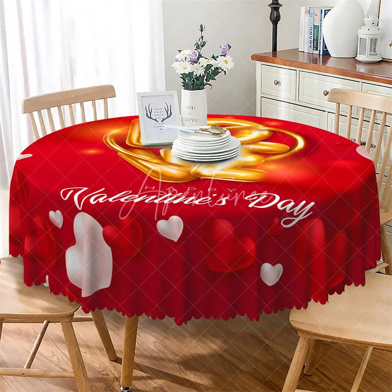 Aperturee - Aperturee Happy Valentines Day Gold Love Round Tablecloth 3D Heart Red Table Cover for Party