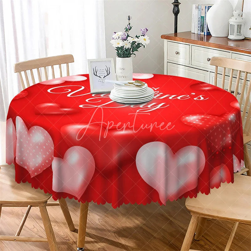 Aperturee - Aperturee Happy Valentines Day Red Heart Round Tablecloth Romantic Love Text Table Cover for Party