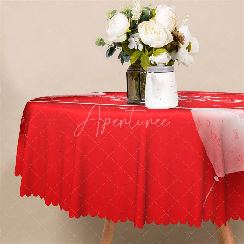 Aperturee - Aperturee Happy Valentines Day Round Tablecloth Red White Text Love Theme Table Cover for Party