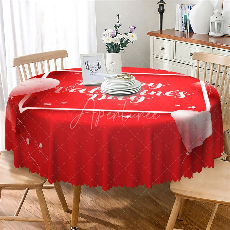 Aperturee - Aperturee Happy Valentines Day Round Tablecloth Red White Text Love Theme Table Cover for Party